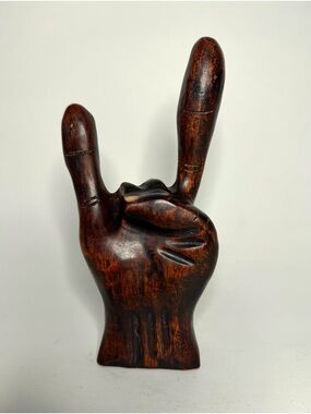1970s Hand Carved Wooden Hand Sculpture Rock On Gesture 8”